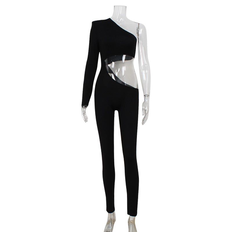 Sexy Women Clothing Diagonal Collar Hollow Out Cutout out Slim Fit Skinny Jumpsuit Trousers