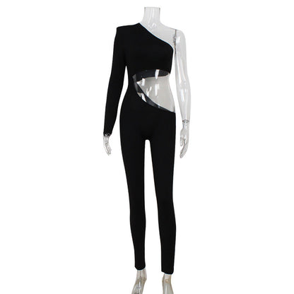 Sexy Women Clothing Diagonal Collar Hollow Out Cutout out Slim Fit Skinny Jumpsuit Trousers