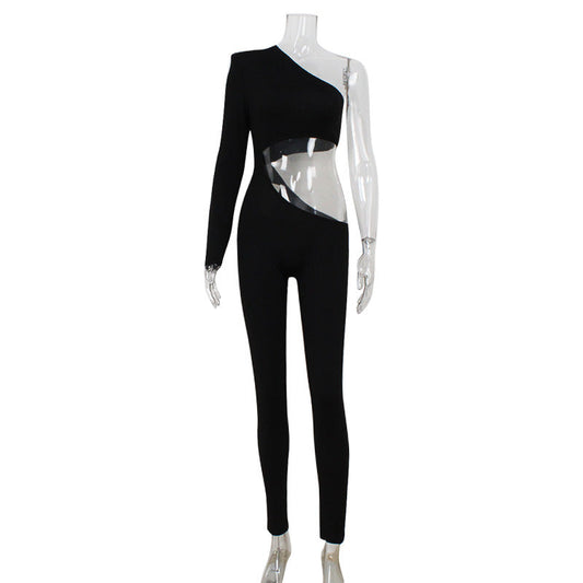 Sexy Women Clothing Diagonal Collar Hollow Out Cutout out Slim Fit Skinny Jumpsuit Trousers
