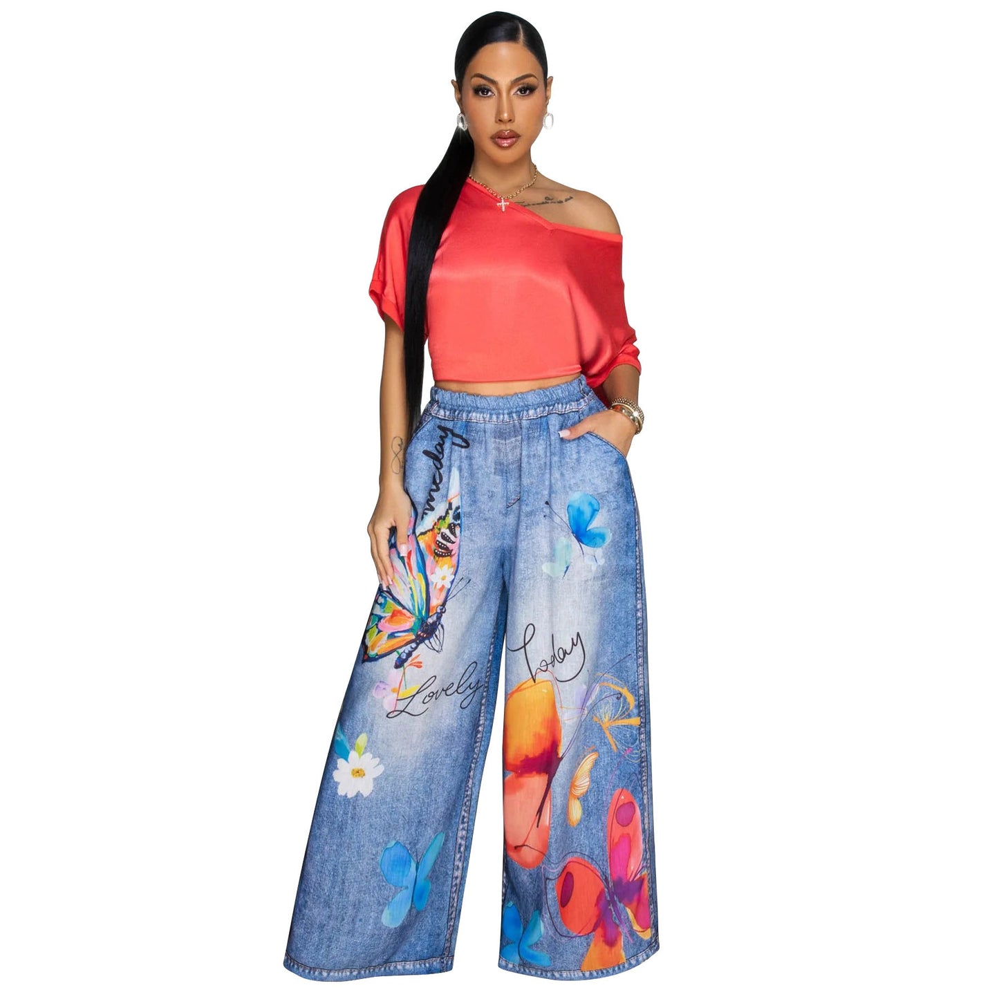 Women Clothing Russia Europe Printed Wide Leg Pants Casual Women Pants