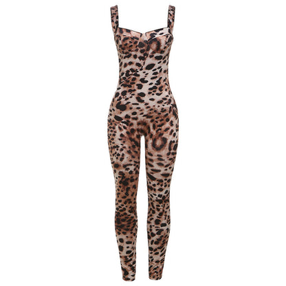 Spring Sexy Sling Backless Leopard Print High Waist Tight Hip Lifting Jumpsuit