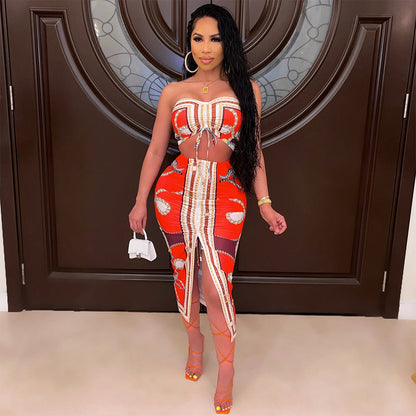 性感褶襉開衩裹胸兩件套裙裝