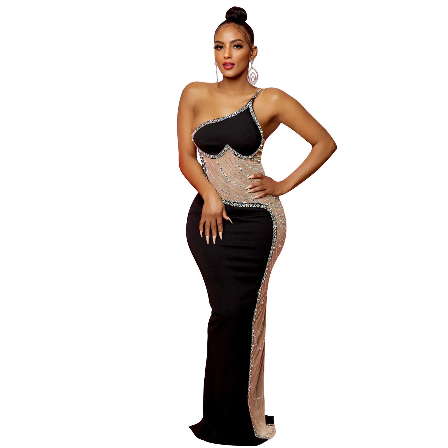 Summer Women Clothing Sexy Mesh See through Rhinestone Strap Length Dress