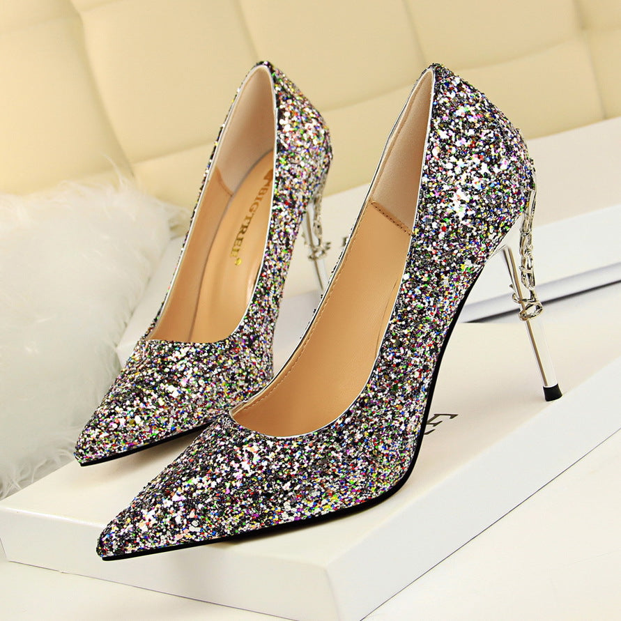 Sexy Nightclub Women Shoes Metal Heel Stiletto Heel Shallow Mouth Pointed Sequined Shoes