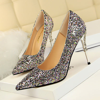 Sexy Nightclub Women Shoes Metal Heel Stiletto Heel Shallow Mouth Pointed Sequined Shoes