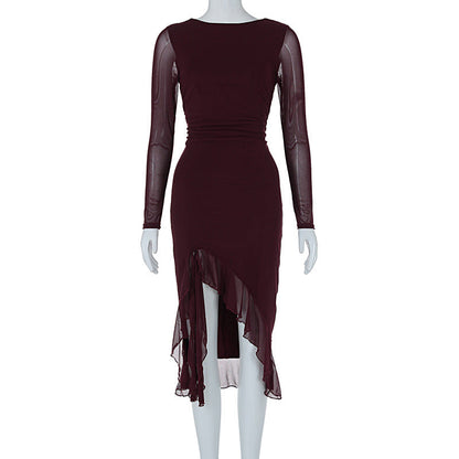 Women Clothing Summer Mesh Long Sleeve Backless Slit Ruffled Dress