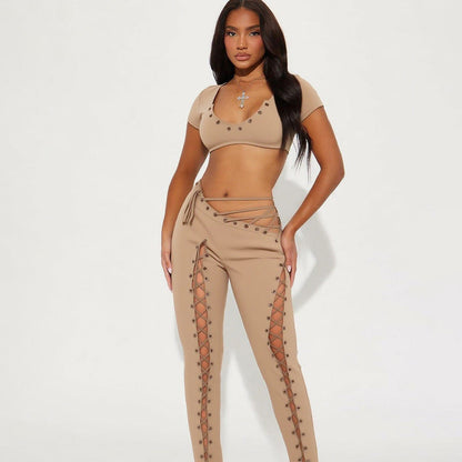 Women Sexy Lacing Vest Street Lace up Trousers Two Piece Set