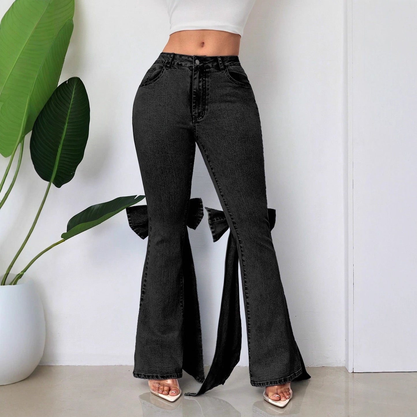 Retro Three Dimensional Bow Slim Fit Elastic Mop Denim Bell Bottom Pants