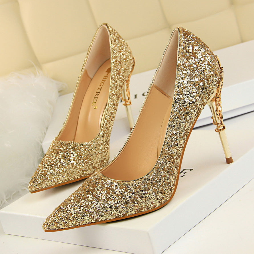Sexy Nightclub Women Shoes Metal Heel Stiletto Heel Shallow Mouth Pointed Sequined Shoes
