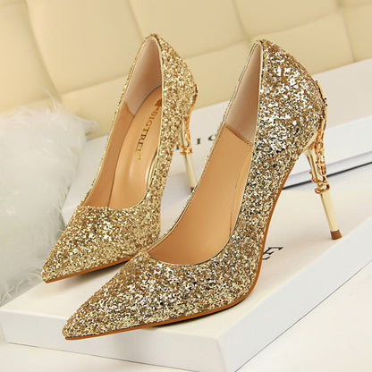 Sexy Nightclub Women Shoes Metal Heel Stiletto Heel Shallow Mouth Pointed Sequined Shoes
