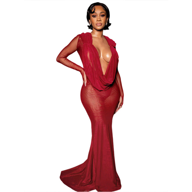 Autumn Winter Women Sexy Mesh See through Deep V Plunge neck Solid Color Slim Fit Long Sleeves Dress Women