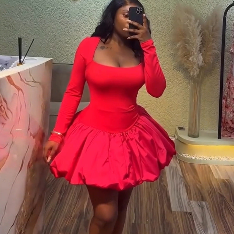 Vestido ajustado de manga larga y color liso con cuello cuadrado para mujer