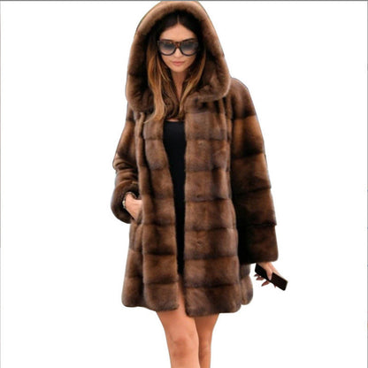 Women Artificial Mink Hair Fur Coat Mid Length Hooded Coat Fur plus Size Casual Warm