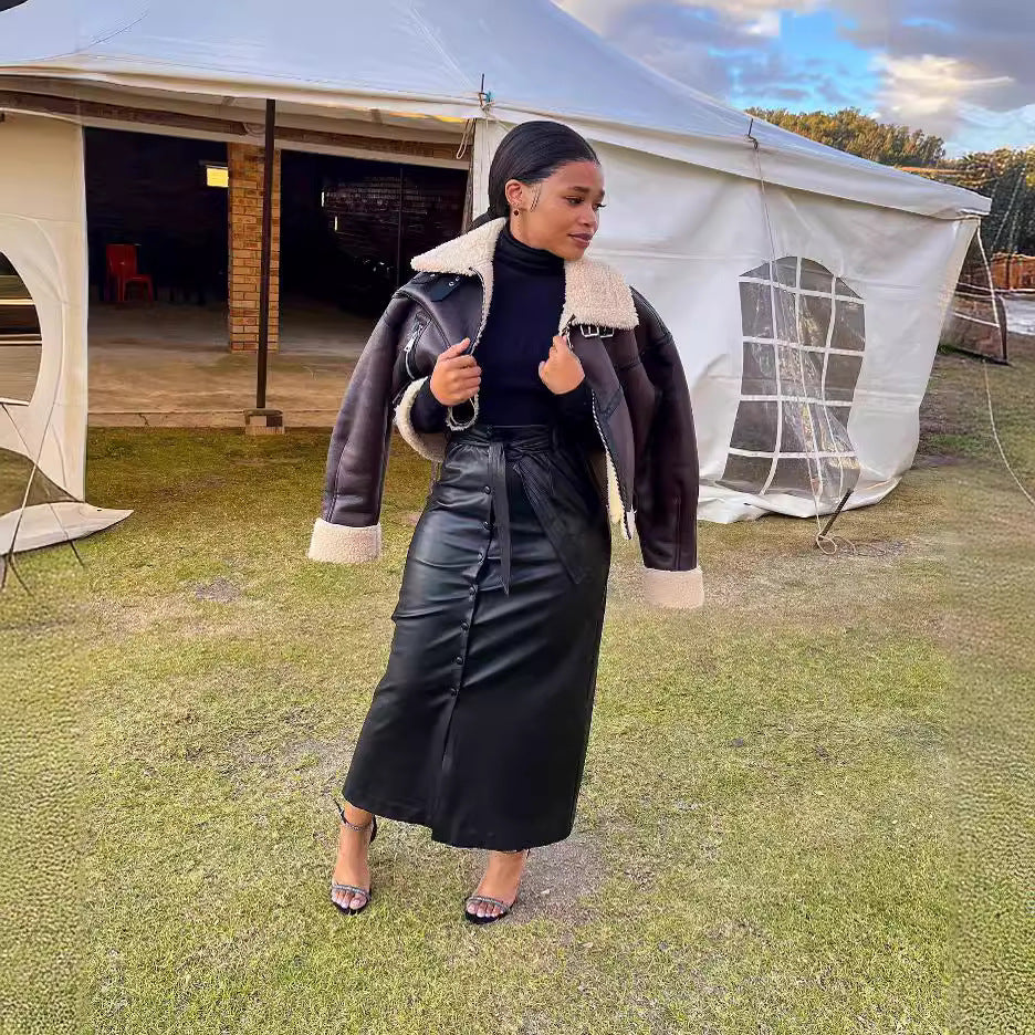 Women Clothing Autumn Winter Mid-Length Black Faux Leather Bag Buckle Slit Leather Skirt Containing Belt