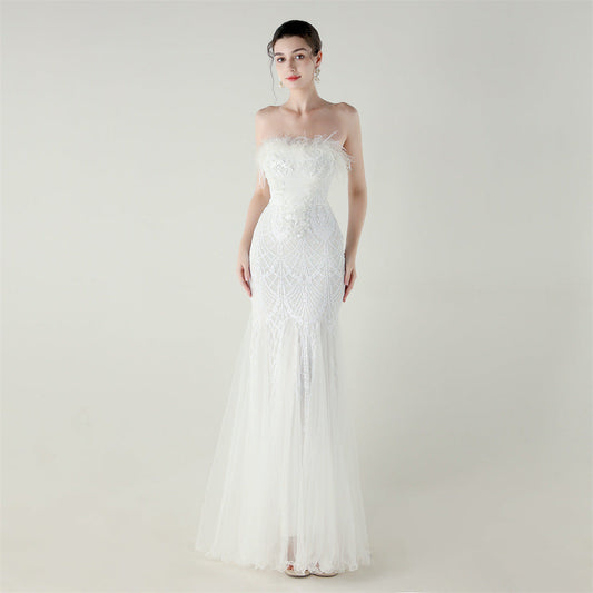 Sequin Beaded Tube Floral Ostrich Feather Tube Top Cross Strap Mesh Fishtail Evening Dress Cocktail Wedding