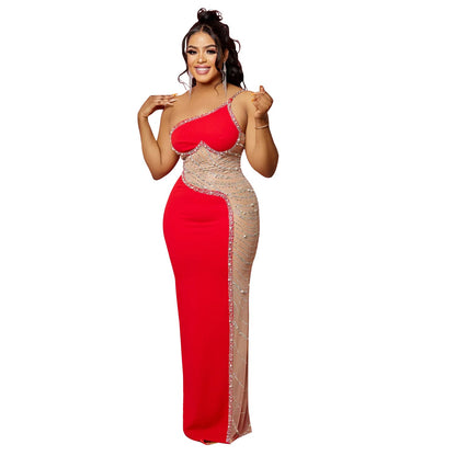 Summer Women Clothing Sexy Mesh See through Rhinestone Strap Length Dress