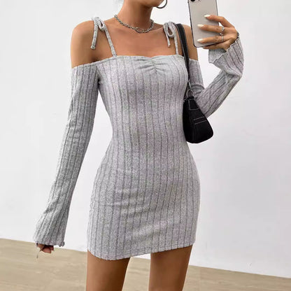 Women Clothing Adult Lady like Woman Lightly Mature Strap Sling Dress Autumn Winter Boat Collar Elegant Slim Fit