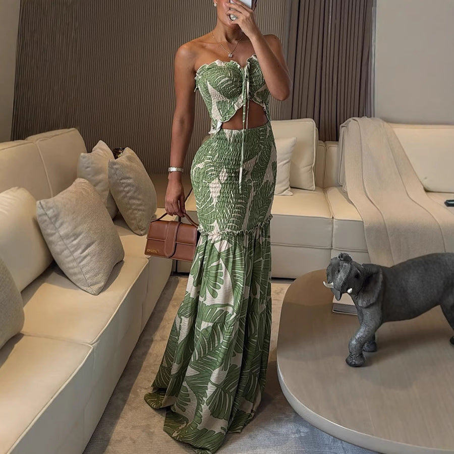 Spring Summer Halterneck Printed Pleated Dress Casual Loose Vacation Dress