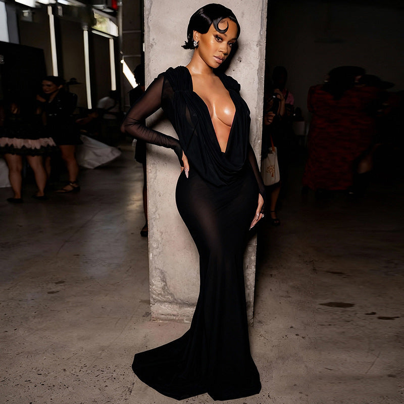 Autumn Winter Women Sexy Mesh See through Deep V Plunge neck Solid Color Slim Fit Long Sleeves Dress Women