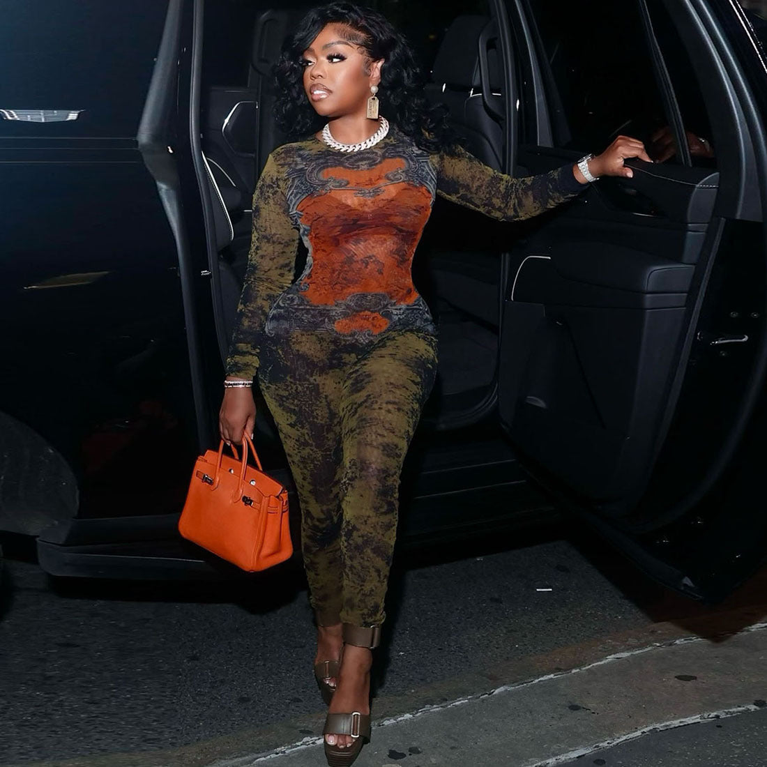 高腰修身拉鍊長袖連身褲