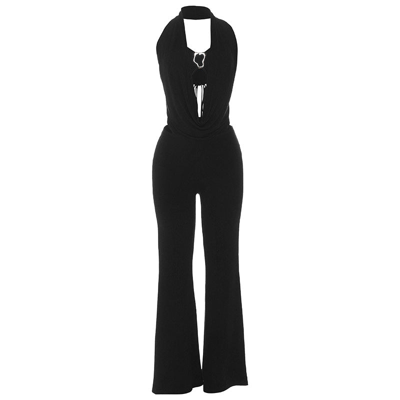 Women Clothing Autumn Sexy Sexy Tube Top Halter Deep V Plunge neck Backless Jumpsuit