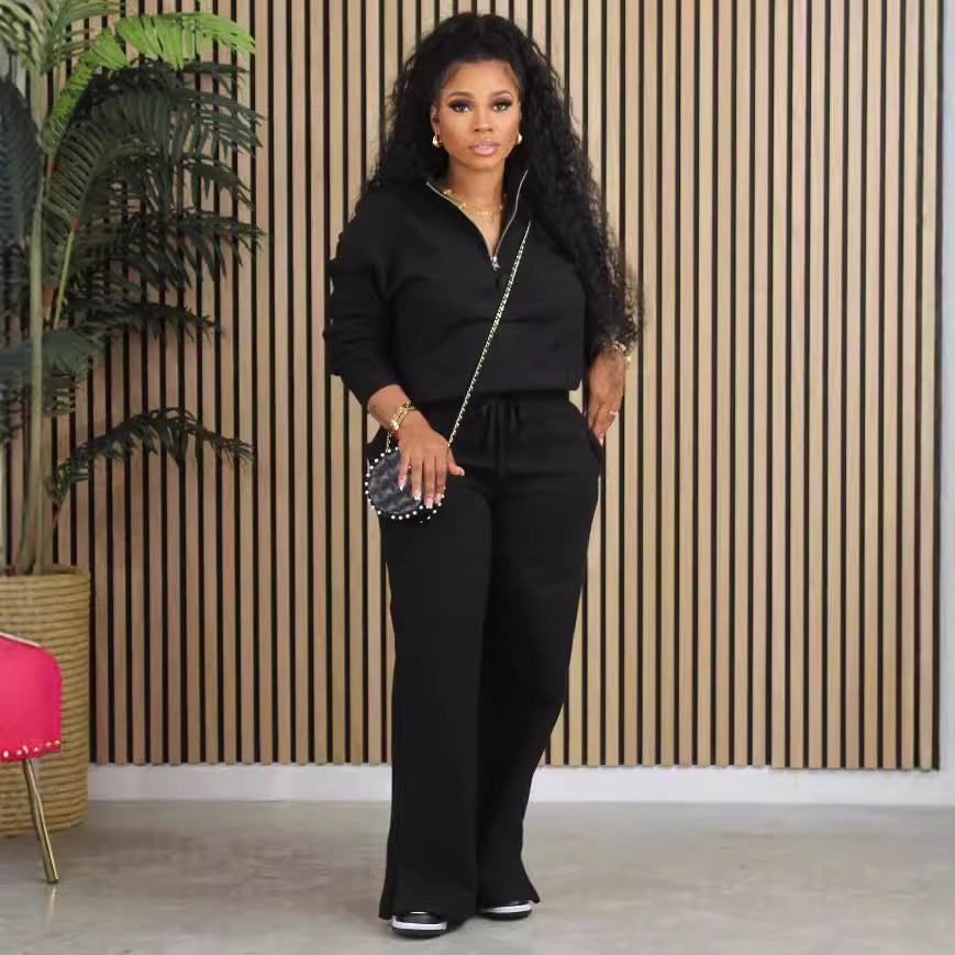 Women Clothing Autumn Winter Solid Color Loose Zip Drawstring Pants Sports Two Piece Set