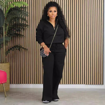 Women Clothing Autumn Winter Solid Color Loose Zip Drawstring Pants Sports Two Piece Set