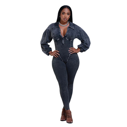 Women Clothing V Neck Gigot Sleeve Tight Stitching Jumpsuit Autumn Winter