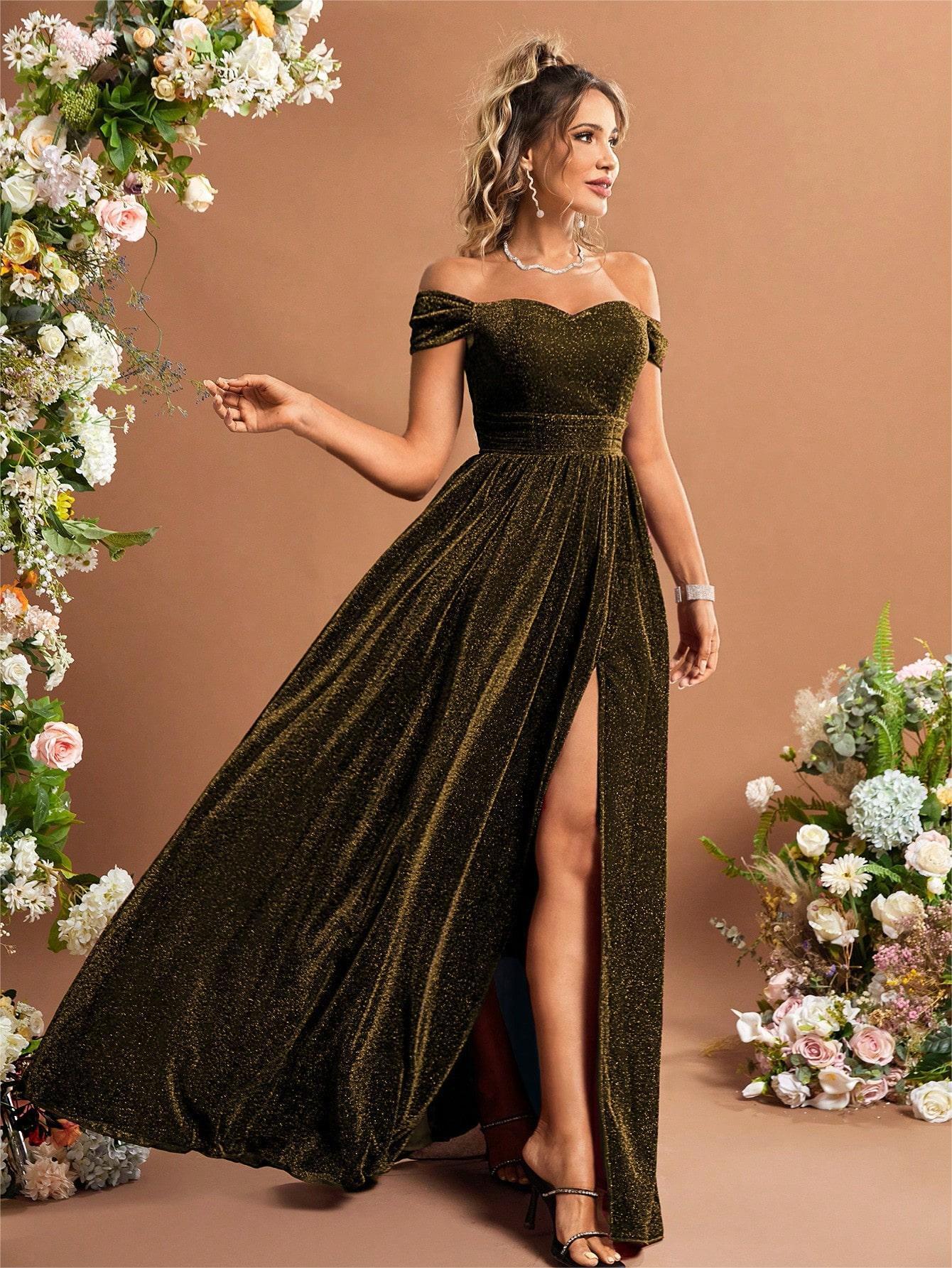 Off Shoulder Evening Dress Slit Metallic Fabric Large Swing Dance Dress Party Dress Bridesmaid Dress Summer