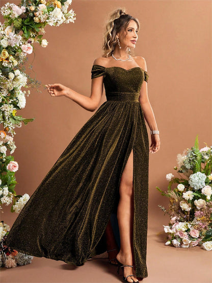 Off Shoulder Evening Dress Slit Metallic Fabric Large Swing Dance Dress Party Dress Bridesmaid Dress Summer