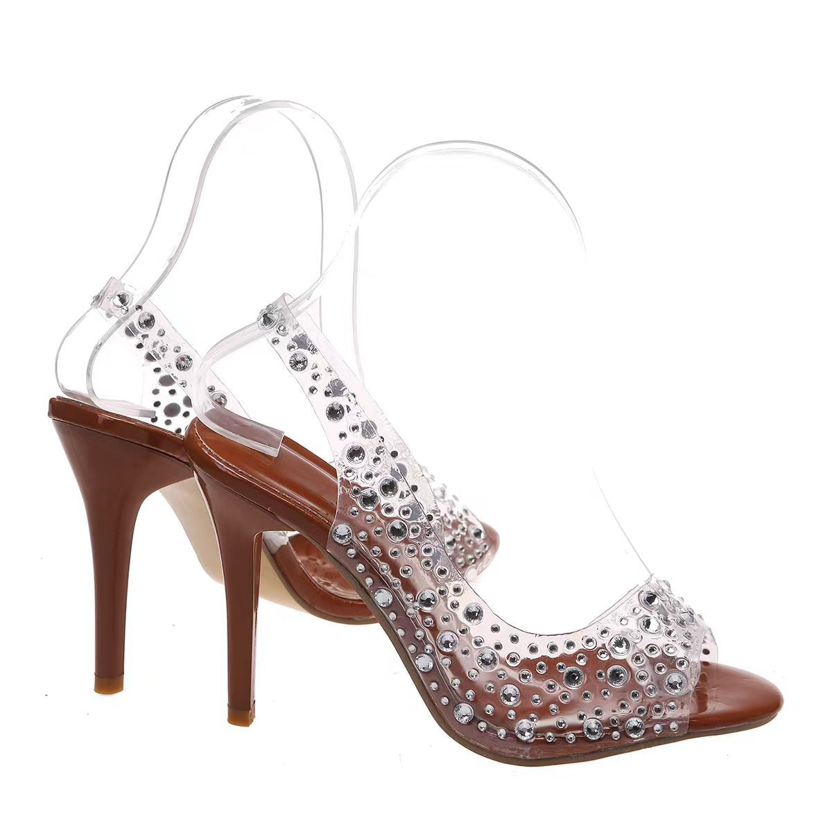 Rhinestone High Heeled Open Toe Sandals Women Pointed Toe Mixed with Crystal Fish Mouth Shoes