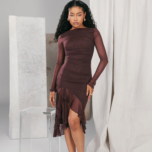 Vestido de verano de malla con mangas largas y espalda descubierta con abertura y volantes para mujer