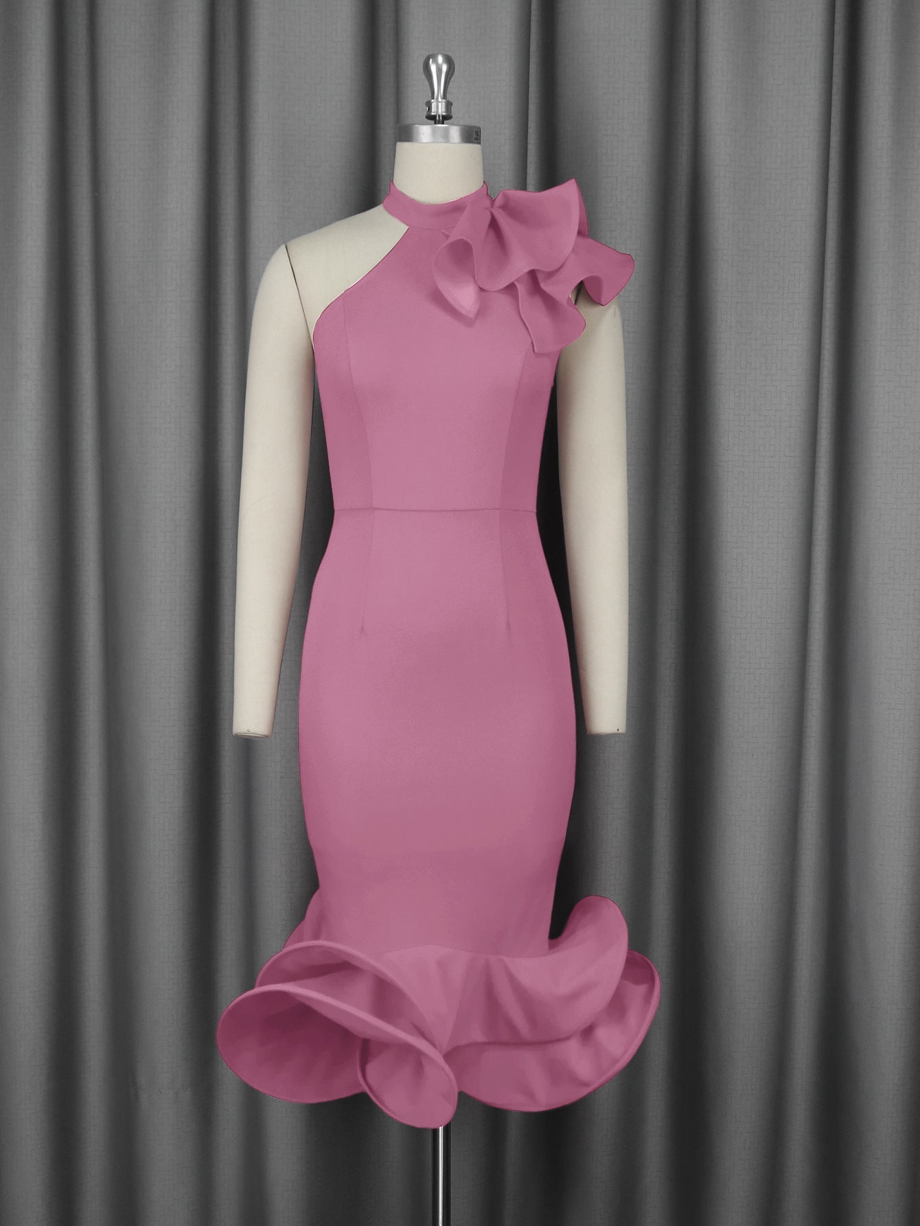 Elegant Half Turtleneck Ruffled Dress off Shoulder Ruffled Hem Cocktail Evening Dress