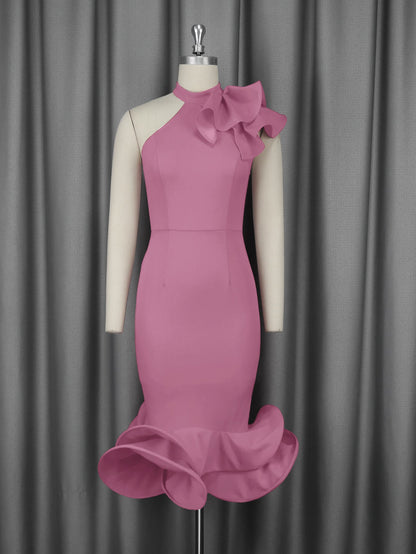 Elegant Half Turtleneck Ruffled Dress off Shoulder Ruffled Hem Cocktail Evening Dress