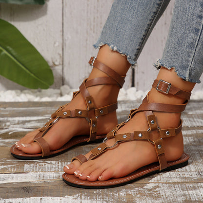 Ankle Ring Bandage Cloth Flat Sandals Women Outer Wear Toe Covering Metal Buckle Rivet Beach Sandals