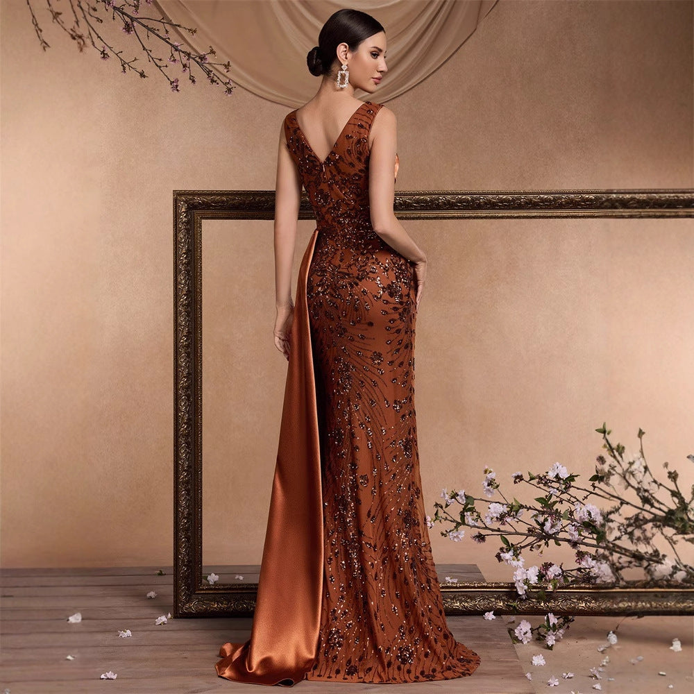 Elegant Sequin Stitching Fit V neck Sleeveless Elegant Gorgeous Noble Cocktail Party Formal Dinner Dress