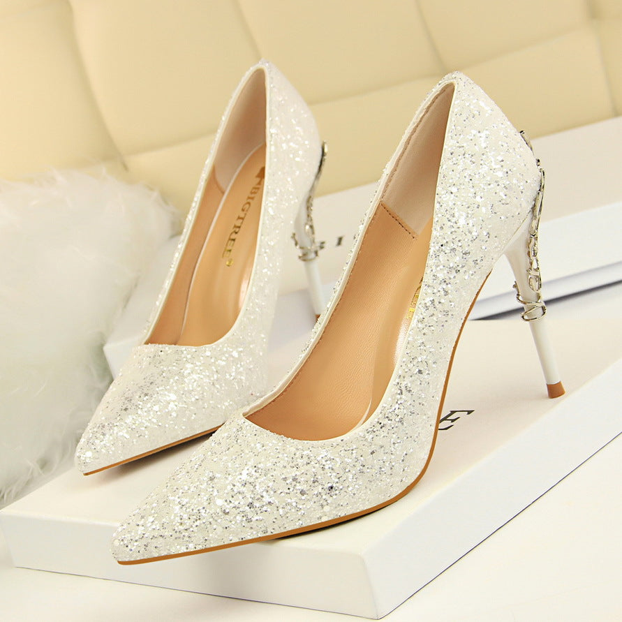 Sexy Nightclub Women Shoes Metal Heel Stiletto Heel Shallow Mouth Pointed Sequined Shoes