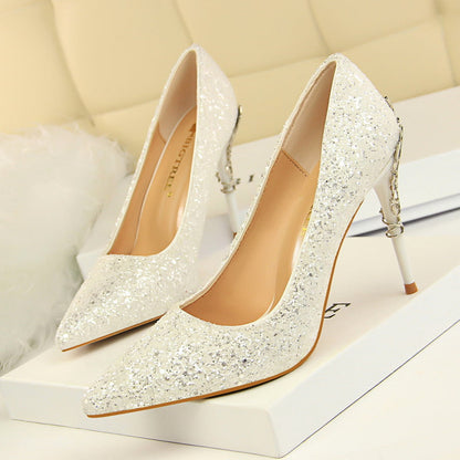 Sexy Nightclub Women Shoes Metal Heel Stiletto Heel Shallow Mouth Pointed Sequined Shoes