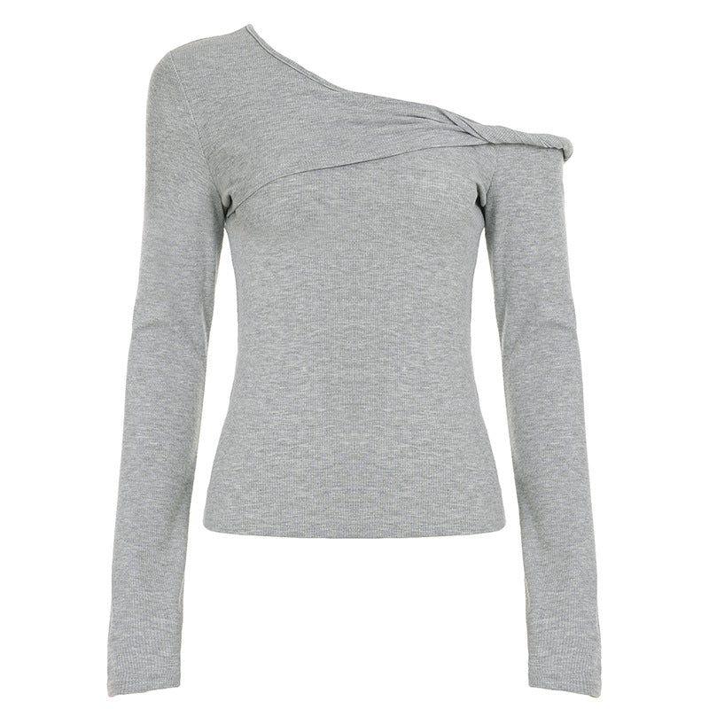 Casual Street Sports Kinky Diagonal Collar Long Sleeved Doublet Solid Color T shirt