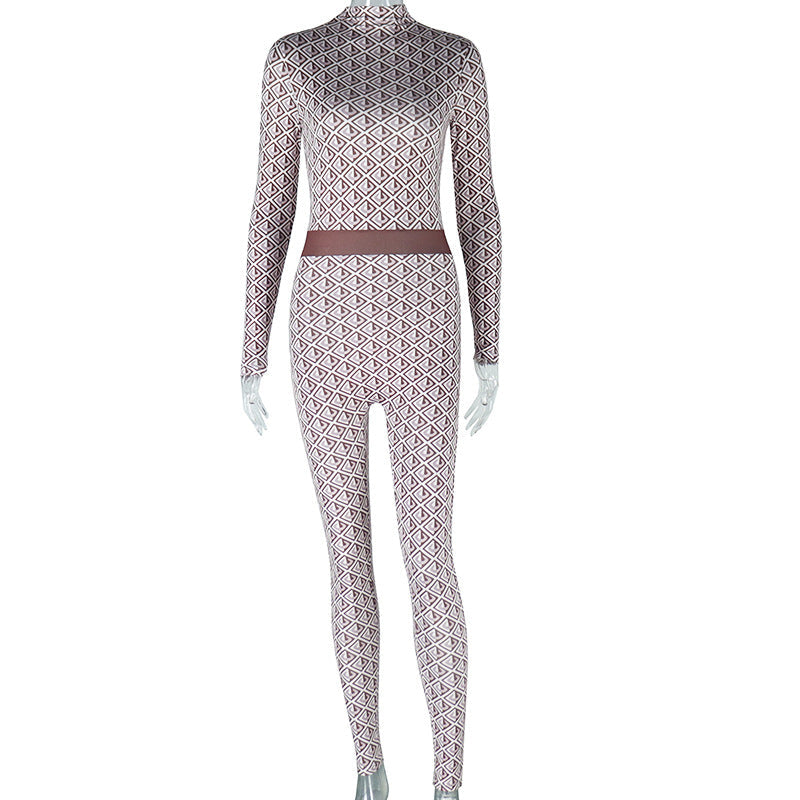 Women Clothing Printed Street round Neck Long Sleeve Trousers Body Pants Fitness Jumpsuit Women
