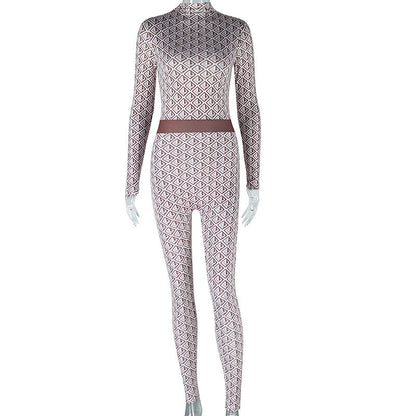 Women Clothing Printed Street round Neck Long Sleeve Trousers Body Pants Fitness Jumpsuit Women