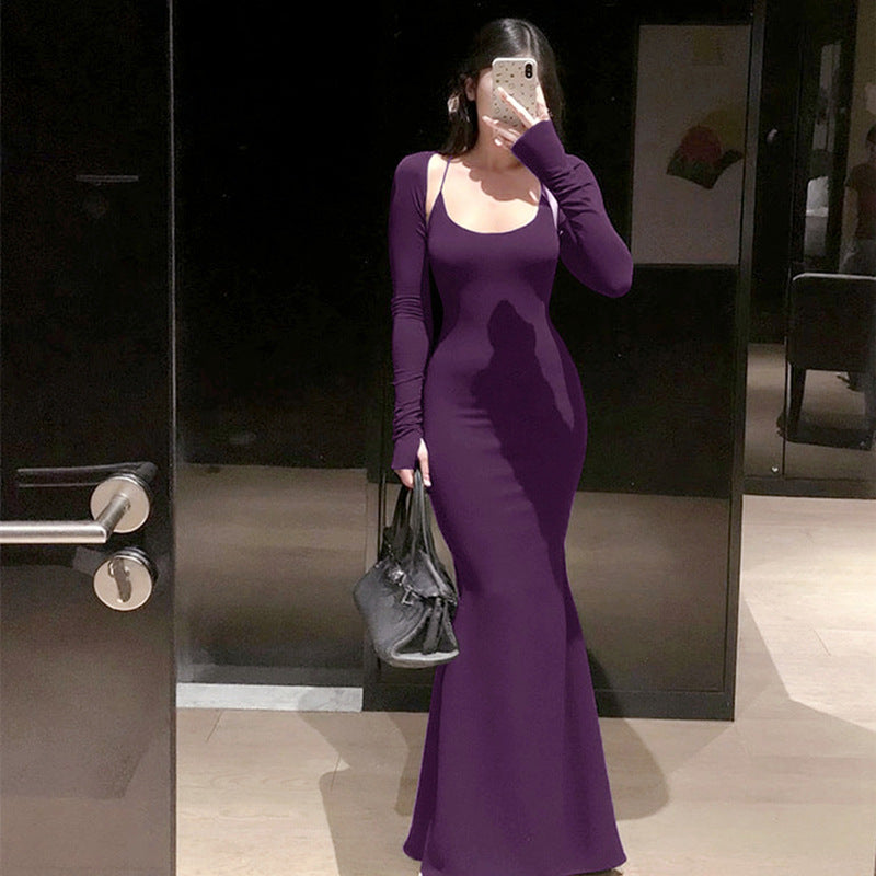 女士秋季性感U領吊帶露背洋裝長袖背心