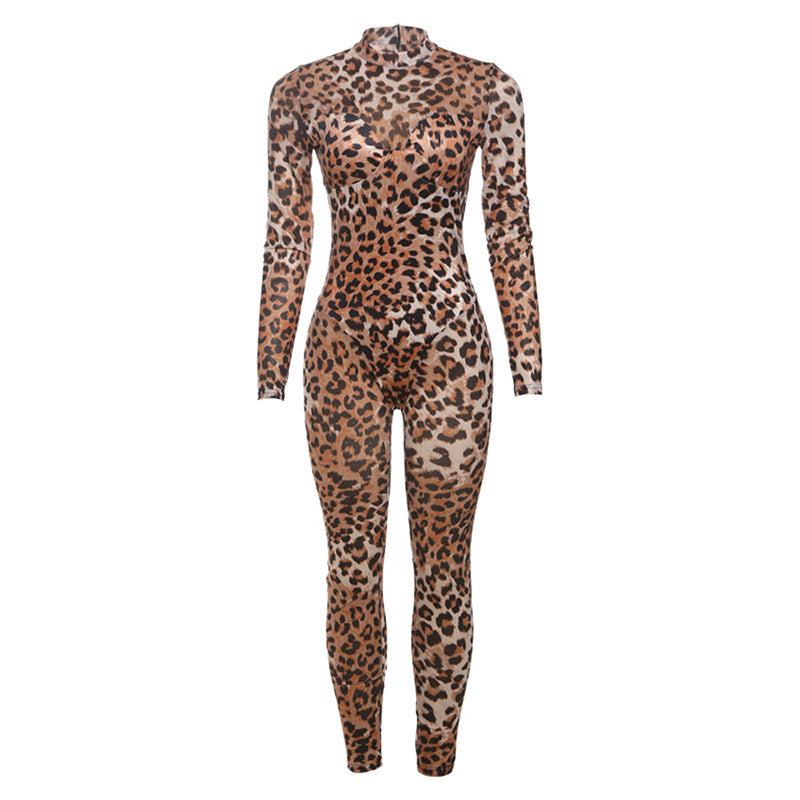 Spring Summer Women Sexy Mesh Leopard Print High Waist Figure Flattering Sheath Jumpsuit