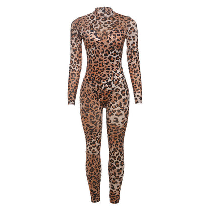 Spring Summer Women Sexy Mesh Leopard Print High Waist Figure Flattering Sheath Jumpsuit
