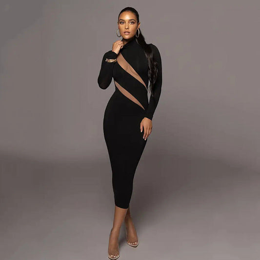 Spring round Neck Long Sleeve Stitching Dress Women Sexy Dress