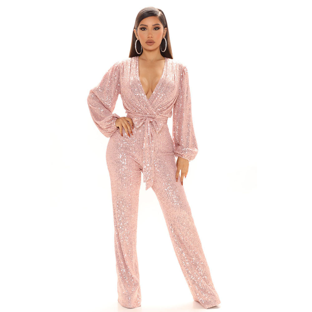 Fall High-End Women Sequ Deep V-neck Long Sleeve Jumpsuit Jumpsuit Trousers