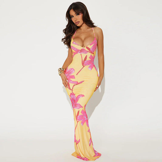 女士夏季印花V領露背吊帶性感連身裙