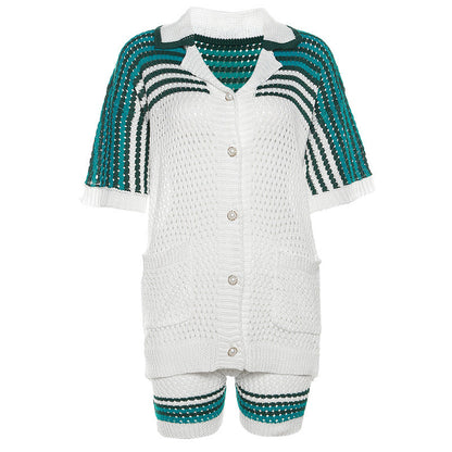 Summer Hollowed Out Polo Collar Top High Waist Shorts Knit Casual Suit Women