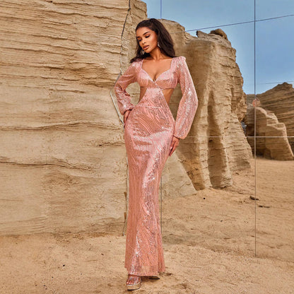 Women Evening Dresses Long Sleeve Beauty V neck Sexy Backless Dress Long Sequined Women Clothing Dress