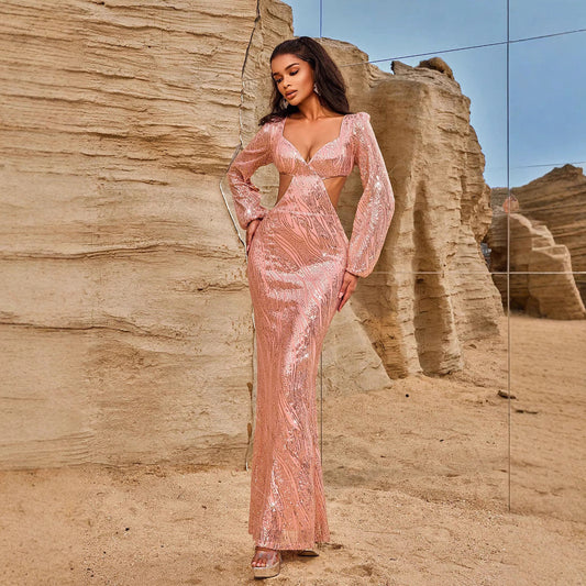 Women Evening Dresses Long Sleeve Beauty V neck Sexy Backless Dress Long Sequined Women Clothing Dress